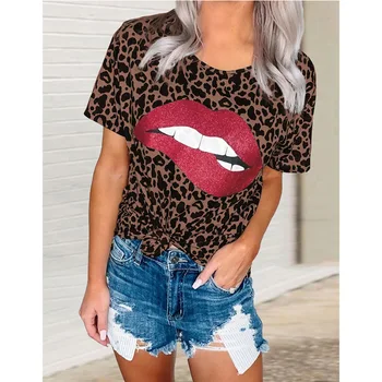 Жаркое лето, женская футболка с леопардовым принтом, круглый вырез, футболка с короткими рукавами и леопардовым принтом для губ