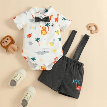 Летняя одежда для младенцев, одежда для мальчиков и джентльменов, наряды из 2 предметов, комбинезон с рисунком животных и бабочкой, шорты, комбинезон для новорожденных