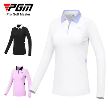 PGM Новая женская одежда для гольфа с длинным рукавом, простая спортивная футболка с высокой эластичностью, классическая футболка с отворотом
