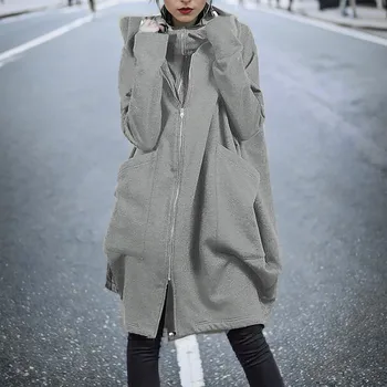 Женское длинное пальто Оверсайз, однотонная толстовка на молнии с длинным рукавом и карманом С капюшоном, Свободная куртка, Ветровка, верхняя одежда Осень-зима