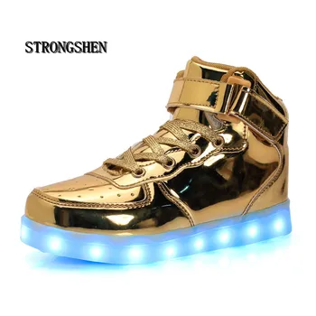 STRONGSHEN/ Детская обувь со светодиодной подсветкой; Коллекция 2018 года; Обувь с корзиной для зарядки через USB; Детская Повседневная Обувь с Подсветкой Для мальчиков и девочек; Светящиеся Кроссовки Цвета: Золотистый, серебристый