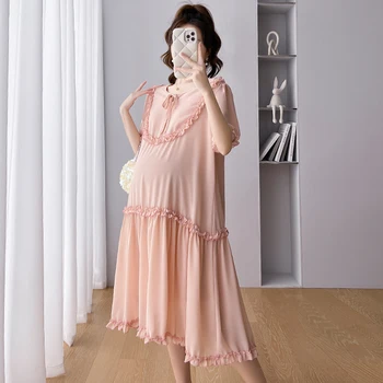 Летнее Платье для беременных в корейском стиле с коротким рукавом и оборками в стиле пэчворк Для беременных, Свободное модное платье, одежда для беременных на подкладке