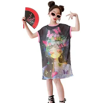 Длинная футболка для девочек-подростков, Новая Модная Одежда с рисунком Красавицы из Мультфильмов для девочек, Топы 2023, Летняя футболка для детей от 4 до 14 лет